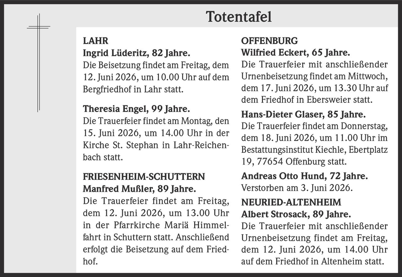 <p><strong>Ingrid Lüderitz, 82 Jahre.</strong></p><p>Die Beisetzung findet am Freitag, dem 12. Juni 2026, um 10.00 Uhr auf dem Bergfriedhof in Lahr statt.</p>