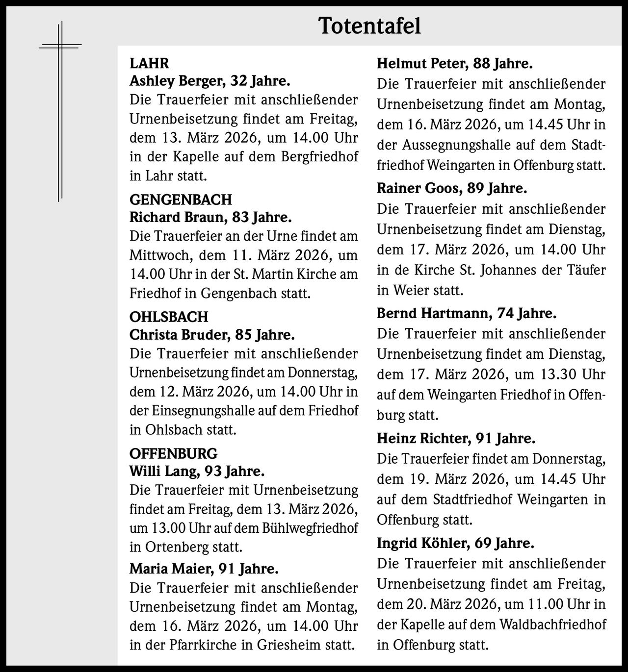 Totentafel
LAHR
Ashley Berger, 32 Jahre.
Die Trauerfeier mit anschließender
Urnenbeisetzung findet am Freitag,
dem 13. März 2026, um 14.00 Uhr
in der Kapelle auf dem Bergfriedhof
in Lahr statt.
GENGENBACH
Richard Braun, 83 Jahre.
Die Trauerfeier an der Urne findet am
Mittwoch, dem 11. März 2026, um
14.00 Uhr in der St. Martin Kirche am
Friedhof in Gengenbach statt.
OHLSBACH
Christa Bruder, 85 Jahre.
Die Trauerfeier mit anschließender
Urnenbeisetzung findet am Donnerstag,
dem 12. März 2026, um 14.00 Uhr in
der Einsegnungshalle auf dem Friedhof
in Ohlsbach statt.
OFFENBURG
Willi Lang, 93 Jahre.
Die Trauerfeier mit Urnenbeisetzung
findet am Freitag, dem 13. März 2026,
um 13.00 Uhr auf dem Bühlwegfriedhof
in Ortenberg statt.
Maria Maier, 91 Jahre.
Die Trauerfeier mit anschließender
Urnenbeisetzung findet am Montag,
dem 16. März 2026, um 14.00 Uhr
in der Pfarrkirche in Griesheim statt.

Helmut Peter, 88 Jahre.
Die Trauerfeier mit anschließender
Urnenbeisetzung findet am Montag,
dem 16. März 2026, um 14.45 Uhr in
der Aussegnungshalle auf dem Stadtfriedhof Weingarten in Offenburg statt.
Rainer Goos, 89 Jahre.
Die Trauerfeier mit anschließender
Urnenbeisetzung findet am Dienstag,
dem 17. März 2026, um 14.00 Uhr
in de Kirche St. Johannes der Täufer
in Weier statt.
Bernd Hartmann, 74 Jahre.
Die Trauerfeier mit anschließender
Urnenbeisetzung findet am Dienstag,
dem 17. März 2026, um 13.30 Uhr
auf dem Weingarten Friedhof in Offenburg statt.
Heinz Richter, 91 Jahre.
Die Trauerfeier findet am Donnerstag,
dem 19. März 2026, um 14.45 Uhr
auf dem Stadtfriedhof Weingarten in
Offenburg statt.
Ingrid Köhler, 69 Jahre.
Die Trauerfeier mit anschließender
Urnenbeisetzung findet am Freitag,
dem 20. März 2026, um 11.00 Uhr in
der Kapelle auf dem Waldbachfriedhof
in Offenburg statt.