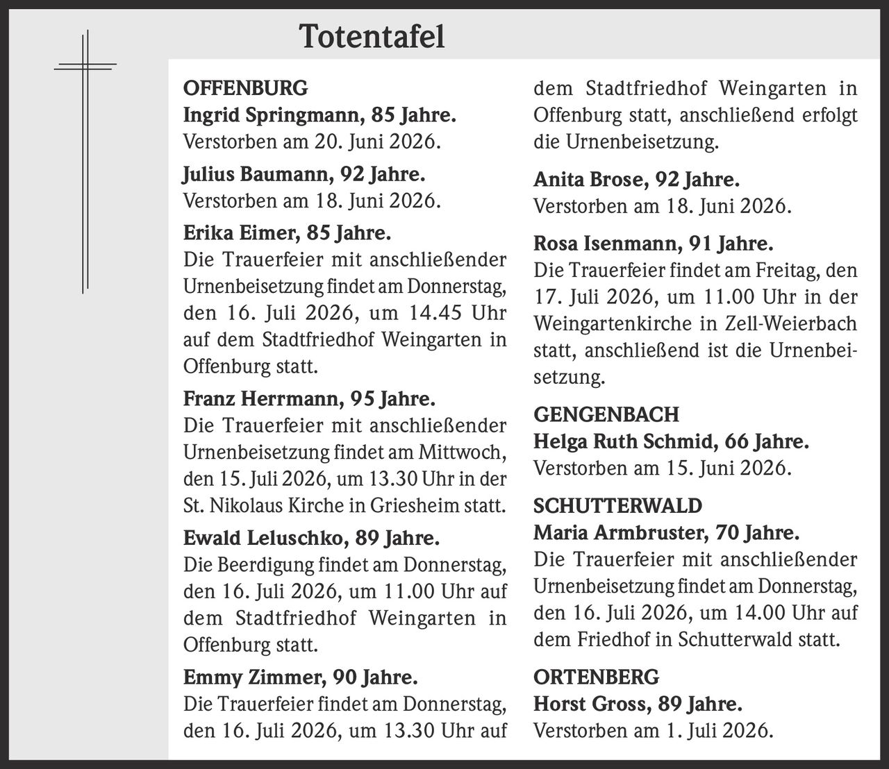 <strong>Ingrid Springmann, 85 Jahre.</strong><br>Verstorben am 20. Juni 2026.