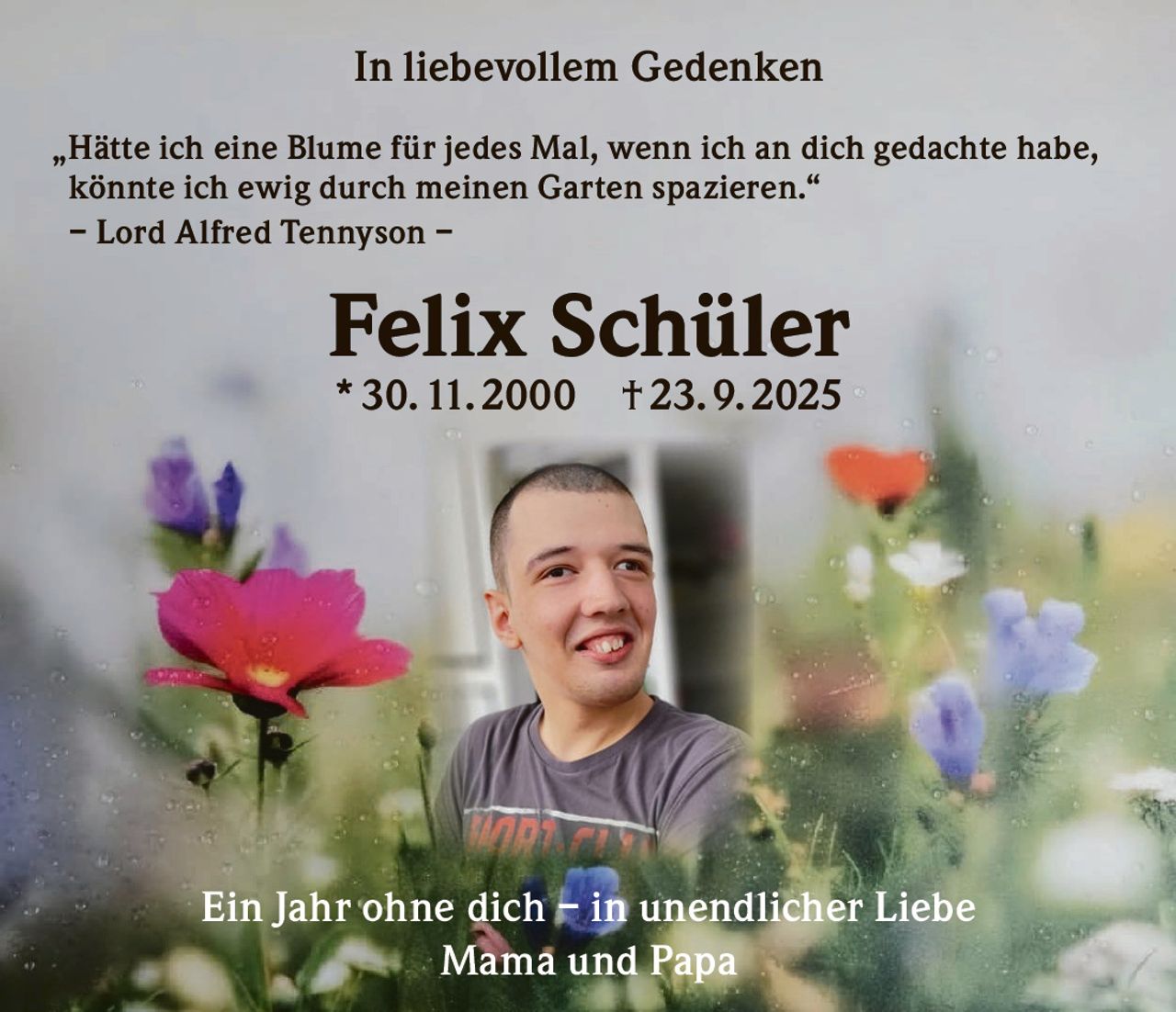 <p><strong>In liebevollem Gedenken</strong></p>
<p><i>„Hätte ich eine Blume für jedes Mal, wenn ich an dich gedachte habe, könnte ich ewig durch meinen Garten spazieren."</i><br>– Lord Alfred Tennyson –</p>
<p><strong>Felix Schüler</strong><br>* 30. 11. 2000  † 23. 9. 2025</p>
<p>Ein Jahr ohne dich – in unendlicher Liebe<br>Mama und Papa</p>