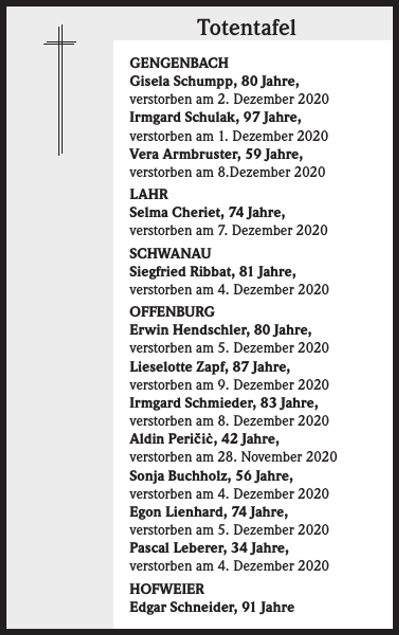 <p>Totentafel<br />GENGENBACH<br />Gisela Schumpp, 80 Jahre,<br />verstorben am 2. Dezember 2020<br />Irmgard Schulak, 97 Jahre,<br />verstorben am 1. Dezember 2020<br />Vera Armbruster, 59 Jahre,<br />verstorben am 8.Dezember 2020<br />LAHR<br />Selma Cheriet, 74 Jahre,<br />verstorben am 7. Dezember 2020<br />SCHWANAU<br />Siegfried Ribbat, 81 Jahre,<br />verstorben am 4. Dezember 2020<br />OFFENBURG<br />Erwin Hendschler, 80 Jahre,<br />verstorben am 5. Dezember 2020<br />Lieselotte Zapf, 87 Jahre,<br />verstorben am 9. Dezember 2020<br />Irmgard Schmieder, 83 Jahre,<br />verstorben am 8. Dezember 2020<br />Aldin Peric<br />`´ic`, 42 Jahre,<br />verstorben am 28. November 2020<br />Sonja Buchholz, 56 Jahre,<br />verstorben am 4. Dezember 2020<br />Egon Lienhard, 74 Jahre,<br />verstorben am 5. Dezember 2020<br />Pascal Leberer, 34 Jahre,<br />verstorben am 4. Dezember 2020<br />HOFWEIER<br />Edgar Schneider, 91 Jahre</p>