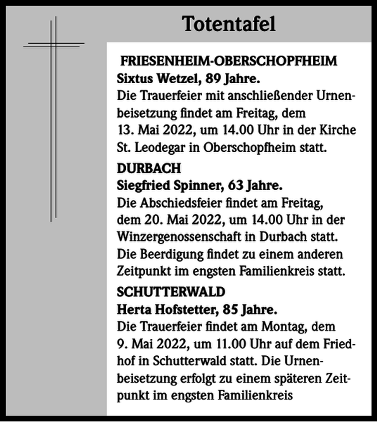 <p>Totentafel<br />Totentafel<br />FRIESENHEIM-OBERSCHOPFHEIM<br />Sixtus Wetzel, 89 Jahre.<br />Die Trauerfeier mit anschließender Urnenbeisetzung findet am Freitag, dem<br />13. Mai 2022, um 14.00 Uhr in der Kirche<br />St. Leodegar in Oberschopfheim statt.<br />DURBACH<br />Siegfried Spinner, 63 Jahre.<br />Die Abschiedsfeier findet am Freitag,<br />dem 20. Mai 2022, um 14.00 Uhr in der<br />Winzergenossenschaft in Durbach statt.<br />Die Beerdigung findet zu einem anderen<br />Zeitpunkt im engsten Familienkreis statt.<br />SCHUTTERWALD<br />Herta Hofstetter, 85 Jahre.<br />Die Trauerfeier findet am Montag, dem<br />9. Mai 2022, um 11.00 Uhr auf dem Friedhof in Schutterwald statt. Die Urnenbeisetzung erfolgt zu einem späteren Zeitpunkt im engsten Familienkreis</p>
