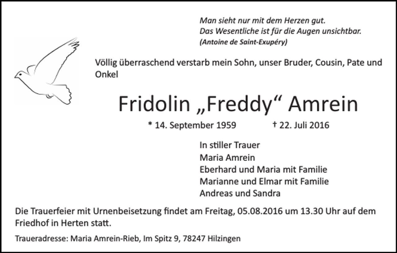 <p>Man sieht nur mit dem Herzen gut.<br />Das Wesentliche ist für die Augen unsichtbar.<br />(Antoine de Saint-Exupéry)</p><p>Völlig überraschend verstarb mein Sohn, unser Bruder, Cousin, Pate und<br />Onkel</p><p>Fridolin „Freddy“ Amrein<br />* 14. September 1959</p><p>† 22. Juli 2016</p><p>In s�ller Trauer<br />Maria Amrein<br />Eberhard und Maria mit Familie<br />Marianne und Elmar mit Familie<br />Andreas und Sandra<br />Die Trauerfeier mit Urnenbeisetzung ﬁndet am Freitag, 05.08.2016 um 13.30 Uhr auf dem<br />Friedhof in Herten sta�.<br />Traueradresse: Maria Amrein­Rieb, Im Spitz 9, 78247 Hilzingen</p>