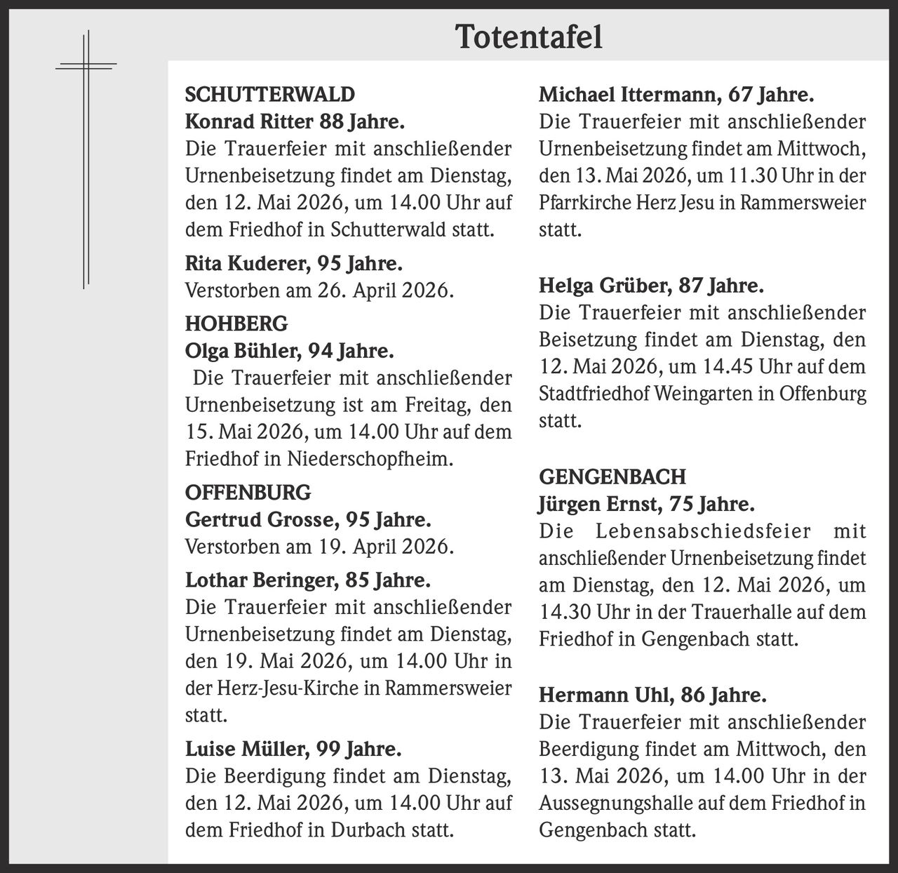 <p><strong>SCHUTTERWALD</strong><br><strong>Konrad Ritter</strong> 88 Jahre. Die Trauerfeier mit anschlie&szlig;ender Urnenbeisetzung findet am Dienstag, den 12. Mai 2026, um 14.00 Uhr auf dem Friedhof in Schutterwald statt.<br><strong>Rita Kuderer</strong>, 95 Jahre. Verstorben am 26. April 2026.</p><p><strong>HOHBERG</strong><br><strong>Olga B&uuml;hler</strong>, 94 Jahre. Die Trauerfeier mit anschlie&szlig;ender Urnenbeisetzung ist am Freitag, den 15. Mai 2026, um 14.00 Uhr auf dem Friedhof in Niederschopfheim.</p><p><strong>OFFENBURG</strong><br><strong>Gertrud Grosse</strong>, 95 Jahre. Verstorben am 19. April 2026.<br><strong>Lothar Beringer</strong>, 85 Jahre. Die Trauerfeier mit anschlie&szlig;ender Urnenbeisetzung findet am Dienstag, den 19. Mai 2026, um 14.00 Uhr in der Herz-Jesu-Kirche in Rammersweier statt.<br><strong>Luise M&uuml;ller</strong>, 99 Jahre. Die Beerdigung findet am Dienstag, den 12. Mai 2026, um 14.00 Uhr auf dem Friedhof in Durbach statt.<br><strong>Michael Ittermann</strong>, 67 Jahre. Die Trauerfeier mit anschlie&szlig;ender Urnenbeisetzung findet am Mittwoch, den 13. Mai 2026, um 11.30 Uhr in der Pfarrkirche Herz Jesu in Rammersweier statt.<br><strong>Helga Gr&uuml;ber</strong>, 87 Jahre. Die Trauerfeier mit anschlie&szlig;ender Beisetzung findet am Dienstag, den 12. Mai 2026, um 14.45 Uhr auf dem Stadtfriedhof Weingarten in Offenburg statt.</p><p><strong>GENGENBACH</strong><br><strong>J&uuml;rgen Ernst</strong>, 75 Jahre. Die Lebensabschiedsfeier mit anschlie&szlig;ender Urnenbeisetzung findet am Dienstag, den 12. Mai 2026, um 14.30 Uhr in der Trauerhalle auf dem Friedhof in Gengenbach statt.<br><strong>Hermann Uhl</strong>, 86 Jahre. Die Trauerfeier mit anschlie&szlig;ender Beerdigung findet am Mittwoch, den 13. Mai 2026, um 14.00 Uhr in der Aussegnungshalle auf dem Friedhof in Gengenbach statt.</p>