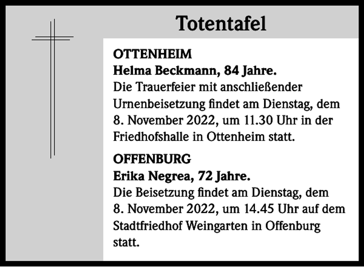 <p>Totentafel<br />Totentafel<br />OTTENHEIM<br />Helma Beckmann, 84 Jahre.<br />Die Trauerfeier mit anschließender<br />Urnenbeisetzung findet am Dienstag, dem<br />8. November 2022, um 11.30 Uhr in der<br />Friedhofshalle in Ottenheim statt.<br />OFFENBURG<br />Erika Negrea, 72 Jahre.<br />Die Beisetzung findet am Dienstag, dem<br />8. November 2022, um 14.45 Uhr auf dem<br />Stadtfriedhof Weingarten in Offenburg<br />statt.</p>