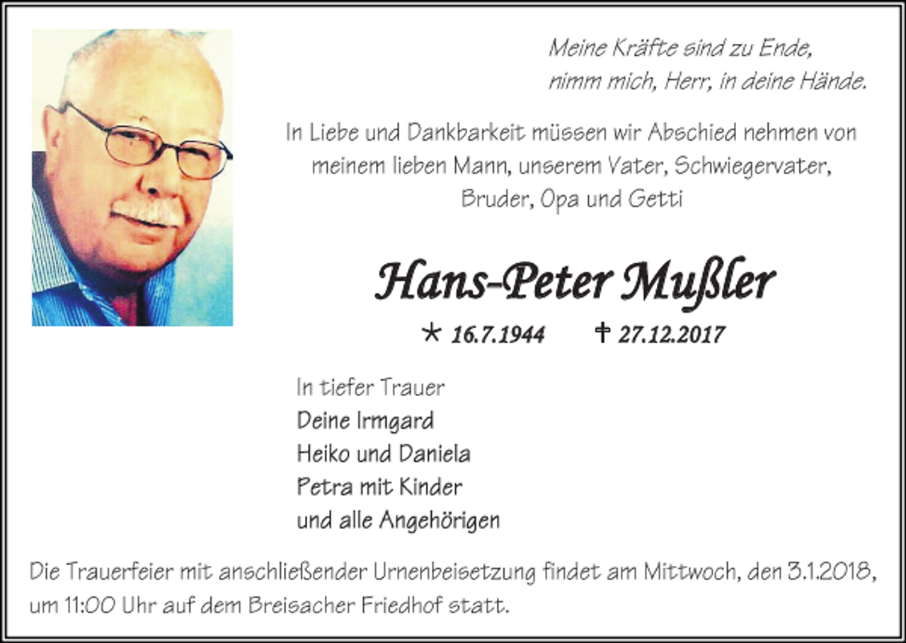 <p>Hans-Peter Mußler<br /> 16.7.1944</p><p> 27.12.2017</p>