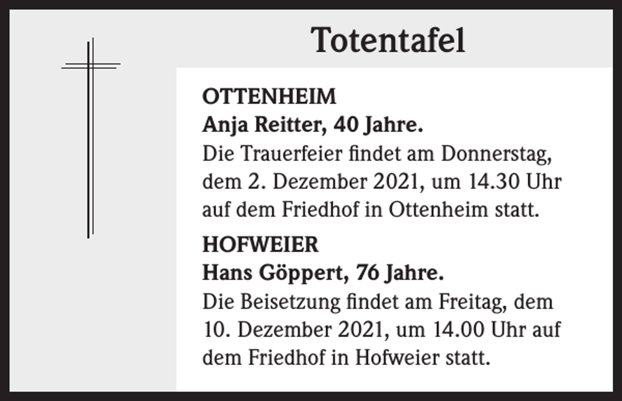 <p>Totentafel<br />OTTENHEIM<br />Anja Reitter, 40 Jahre.<br />Die Trauerfeier findet am Donnerstag,<br />dem 2. Dezember 2021, um 14.30 Uhr<br />auf dem Friedhof in Ottenheim statt.<br />HOFWEIER<br />Hans Göppert, 76 Jahre.<br />Die Beisetzung findet am Freitag, dem<br />10. Dezember 2021, um 14.00 Uhr auf<br />dem Friedhof in Hofweier statt.</p>