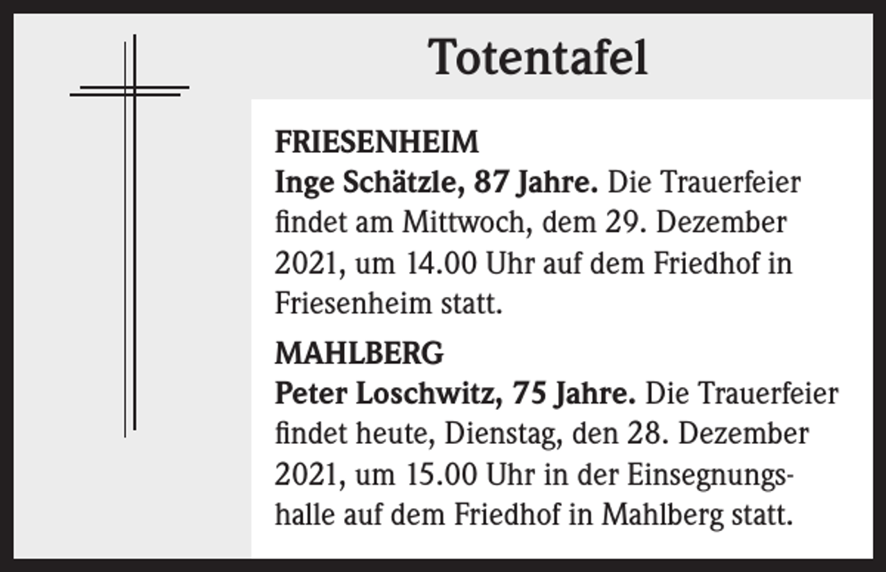 <p>Totentafel<br />Totentafel<br />FRIESENHEIM<br />Inge Schätzle, 87 Jahre. Die Trauerfeier<br />findet am Mittwoch, dem 29. Dezember<br />2021, um 14.00 Uhr auf dem Friedhof in<br />Friesenheim statt.<br />MAHLBERG<br />Peter Loschwitz, 75 Jahre. Die Trauerfeier<br />findet heute, Dienstag, den 28. Dezember<br />2021, um 15.00 Uhr in der Einsegnungshalle auf dem Friedhof in Mahlberg statt.</p>
