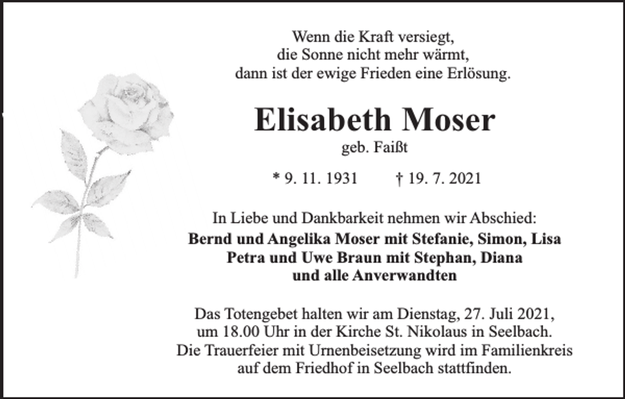<p>Wenn die Kraft versiegt,<br />die Sonne nicht mehr wärmt,<br />dann ist der ewige Frieden eine Erlösung.</p><p>Elisabeth Moser<br />geb. Faißt</p><p>* 9. 11. 1931</p><p>† 19. 7. 2021</p><p>In Liebe und Dankbarkeit nehmen wir Abschied:<br />Bernd und Angelika Moser mit Stefanie, Simon, Lisa<br />Petra und Uwe Braun mit Stephan, Diana<br />und alle Anverwandten<br />Das Totengebet halten wir am Dienstag, 27. Juli 2021,<br />um 18.00 Uhr in der Kirche St. Nikolaus in Seelbach.<br />Die Trauerfeier mit Urnenbeisetzung wird im Familienkreis<br />auf dem Friedhof in Seelbach stattfinden.</p>
