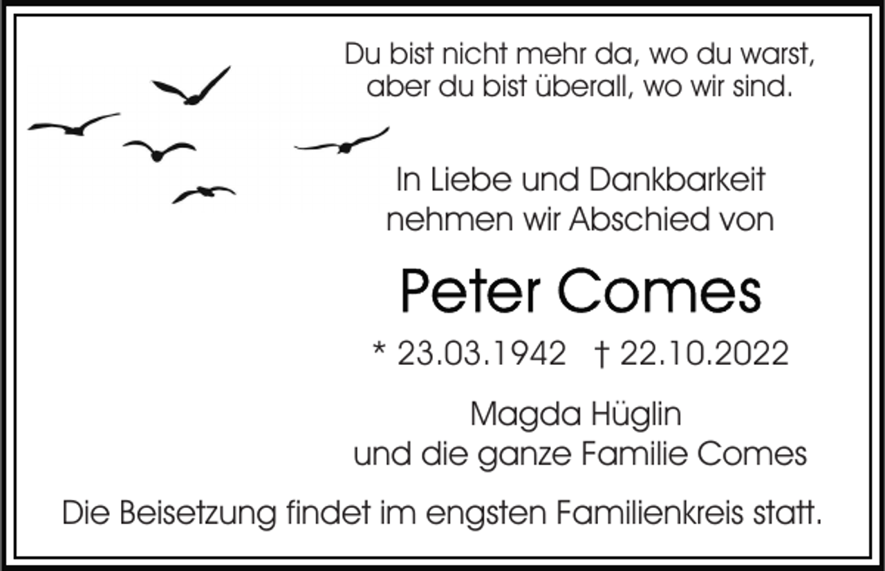 <p>Du bist nicht mehr da, wo du warst,<br />aber du bist überall, wo wir sind.</p><p>In Liebe und Dankbarkeit<br />nehmen wir Abschied von</p><p>* 23.03.1942 † 22.10.2022<br />Magda Hüglin<br />und die ganze Familie Comes<br />Die Beisetzung findet im engsten Familienkreis statt.</p>