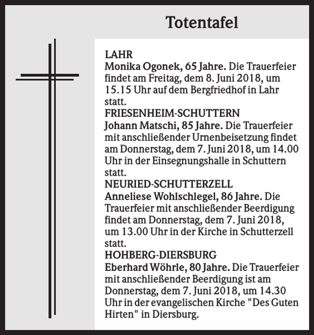 <p>Totentafel<br />LAHR<br />Monika Ogonek, 65 Jahre. Die Trauerfeier<br />findet am Freitag, dem 8. Juni 2018, um<br />15.15 Uhr auf dem Bergfriedhof in Lahr<br />statt.<br />FRIESENHEIM-SCHUTTERN<br />Johann Matschi, 85 Jahre. Die Trauerfeier<br />mit anschließender Urnenbeisetzung findet<br />am Donnerstag, dem 7. Juni 2018, um 14.00<br />Uhr in der Einsegnungshalle in Schuttern<br />statt.<br />NEURIED-SCHUTTERZELL<br />Anneliese Wohlschlegel, 86 Jahre. Die<br />Trauerfeier mit anschließender Beerdigung<br />findet am Donnerstag, dem 7. Juni 2018,<br />um 13.00 Uhr in der Kirche in Schutterzell<br />statt.<br />HOHBERG-DIERSBURG<br />Eberhard Wöhrle, 80 Jahre. Die Trauerfeier<br />mit anschließender Beerdigung ist am<br />Donnerstag, dem 7. Juni 2018, um 14.30<br />Uhr in der evangelischen Kirche "Des Guten<br />Hirten" in Diersburg.</p>