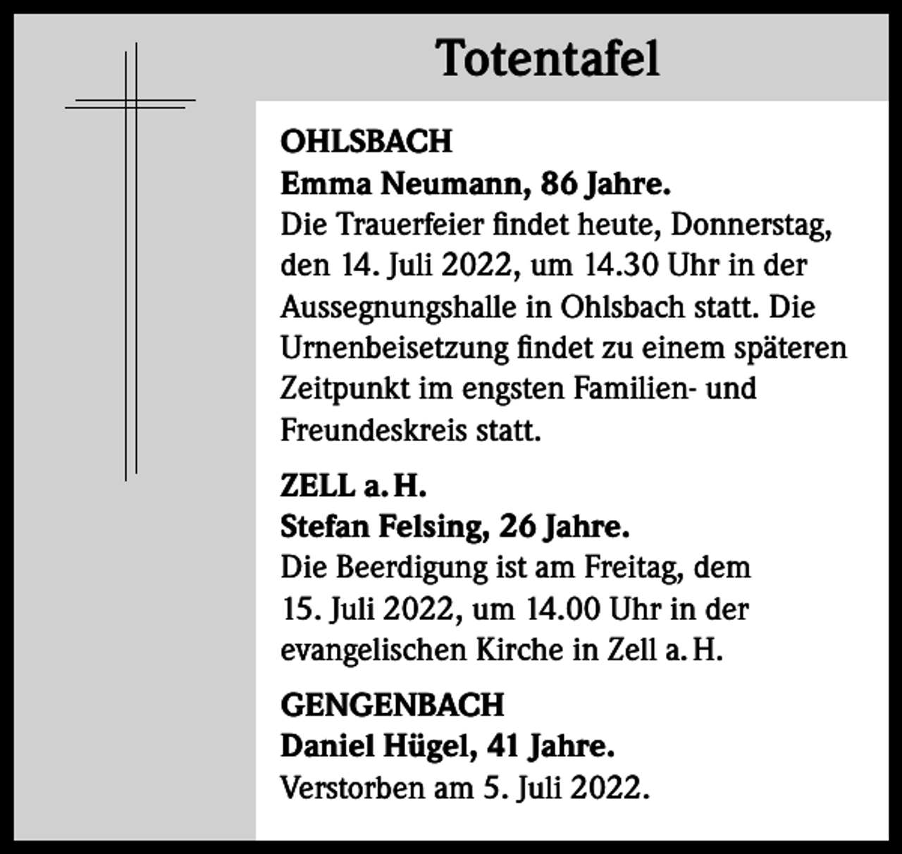 <p>Totentafel<br />Totentafel<br />OHLSBACH<br />Emma Neumann, 86 Jahre.<br />Die Trauerfeier findet heute, Donnerstag,<br />den 14. Juli 2022, um 14.30 Uhr in der<br />Aussegnungshalle in Ohlsbach statt. Die<br />Urnenbeisetzung findet zu einem späteren<br />Zeitpunkt im engsten Familien- und<br />Freundeskreis statt.<br />ZELL a. H.<br />Stefan Felsing, 26 Jahre.<br />Die Beerdigung ist am Freitag, dem<br />15. Juli 2022, um 14.00 Uhr in der<br />evangelischen Kirche in Zell a. H.<br />GENGENBACH<br />Daniel Hügel, 41 Jahre.<br />Verstorben am 5. Juli 2022.</p>