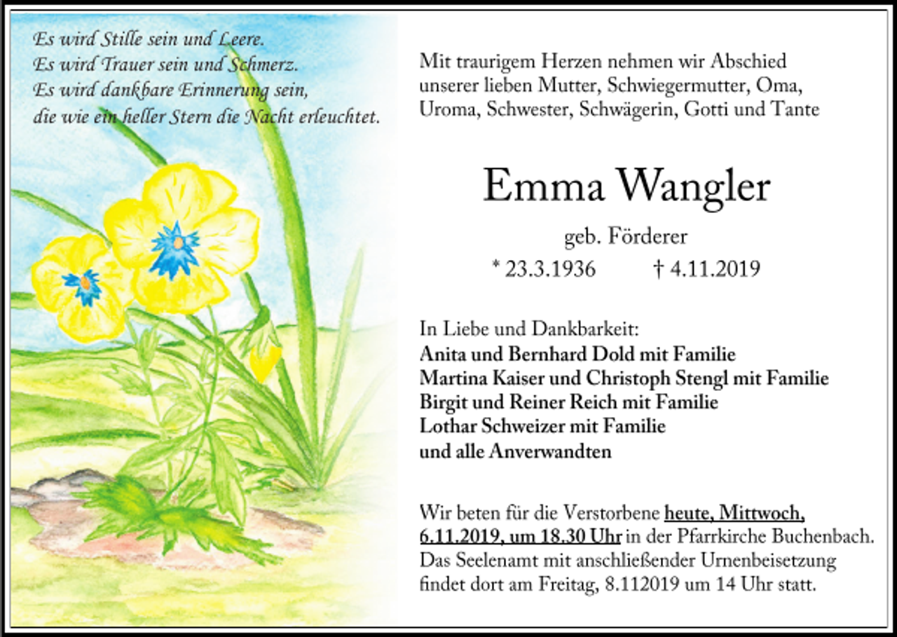 <p>Es wird Stille sein und Leere.<br />Es wird Trauer sein und Schmerz.<br />Es wird dankbare Erinnerung sein,<br />die wie ein heller Stern die Nacht erleuchtet.</p>