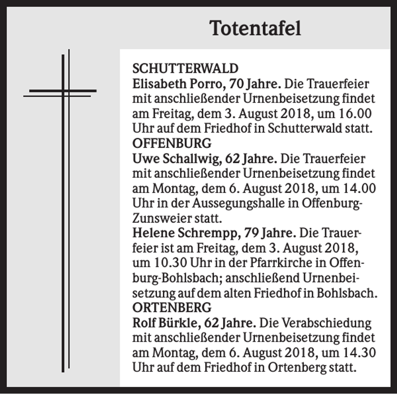 <p>Totentafel<br />SCHUTTERWALD<br />Elisabeth Porro, 70 Jahre. Die Trauerfeier<br />mit anschließender Urnenbeisetzung findet<br />am Freitag, dem 3. August 2018, um 16.00<br />Uhr auf dem Friedhof in Schutterwald statt.<br />OFFENBURG<br />Uwe Schallwig, 62 Jahre. Die Trauerfeier<br />mit anschließender Urnenbeisetzung findet<br />am Montag, dem 6. August 2018, um 14.00<br />Uhr in der Aussegungshalle in OffenburgZunsweier statt.<br />Helene Schrempp, 79 Jahre. Die Trauerfeier ist am Freitag, dem 3. August 2018,<br />um 10.30 Uhr in der Pfarrkirche in Offenburg-Bohlsbach; anschließend Urnenbeisetzung auf dem alten Friedhof in Bohlsbach.<br />ORTENBERG<br />Rolf Bürkle, 62 Jahre. Die Verabschiedung<br />mit anschließender Urnenbeisetzung findet<br />am Montag, dem 6. August 2018, um 14.30<br />Uhr auf dem Friedhof in Ortenberg statt.</p>
